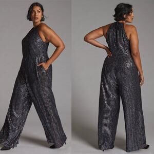 Anthropologie Maeve Disco Halter Sequin Cutout Plus Size Jumpsuit Size 20